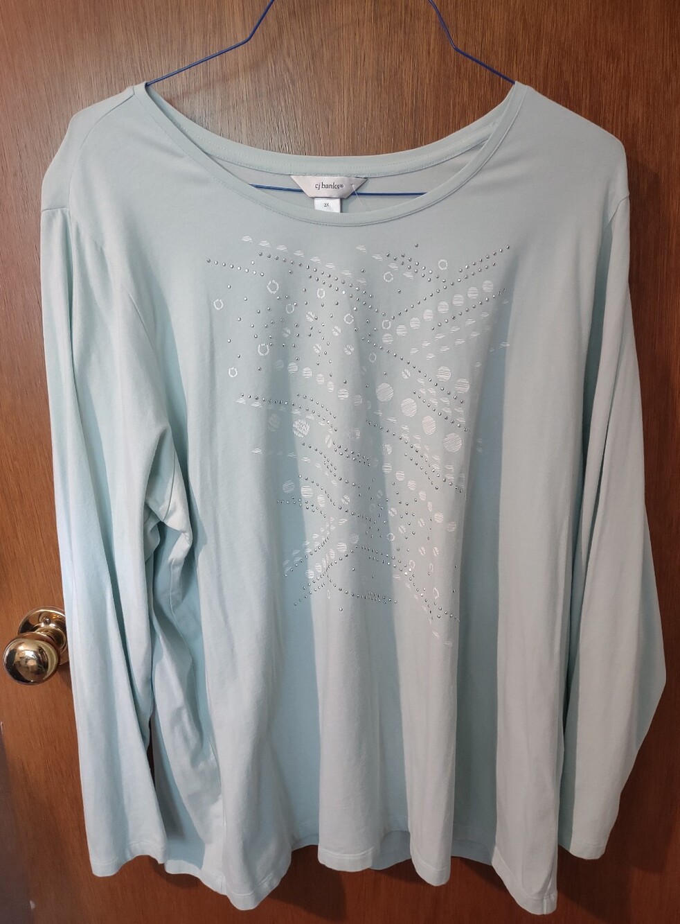 CJ BANKS Women's Long Sleeve, Round Neck, Light Blue, Embellished Shirt Size 2X